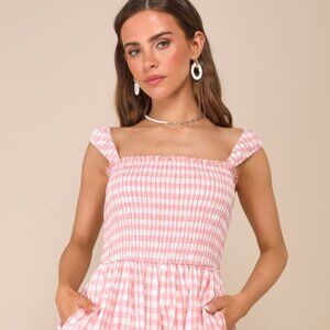Lulus Adorable Girly Ivory And Pink Gingham Smocked Sleeveless Romper - Size S